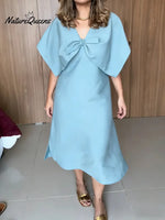 Women's Solid Color V-neck Short-sleeve Casual Loose Cotton Dress