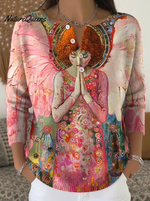 Women's Lovely Angel Pattern Art Print Buttoned Cardigan Sweater