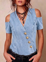 Women's V-neck Short-sleeve Slim-fit Casual Denim Top