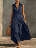 Women's Solid-color Lapel Sleeveless Loose-fit Cotton-linen Casual Dress
