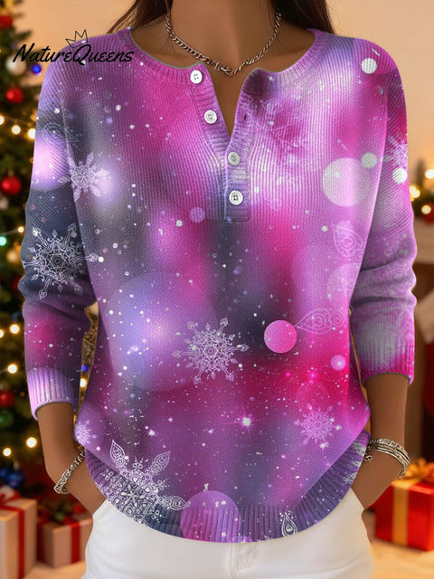 Women's Christmas Snowflake Gradient Pattern Art Print Buttoned Cardigan Sweater