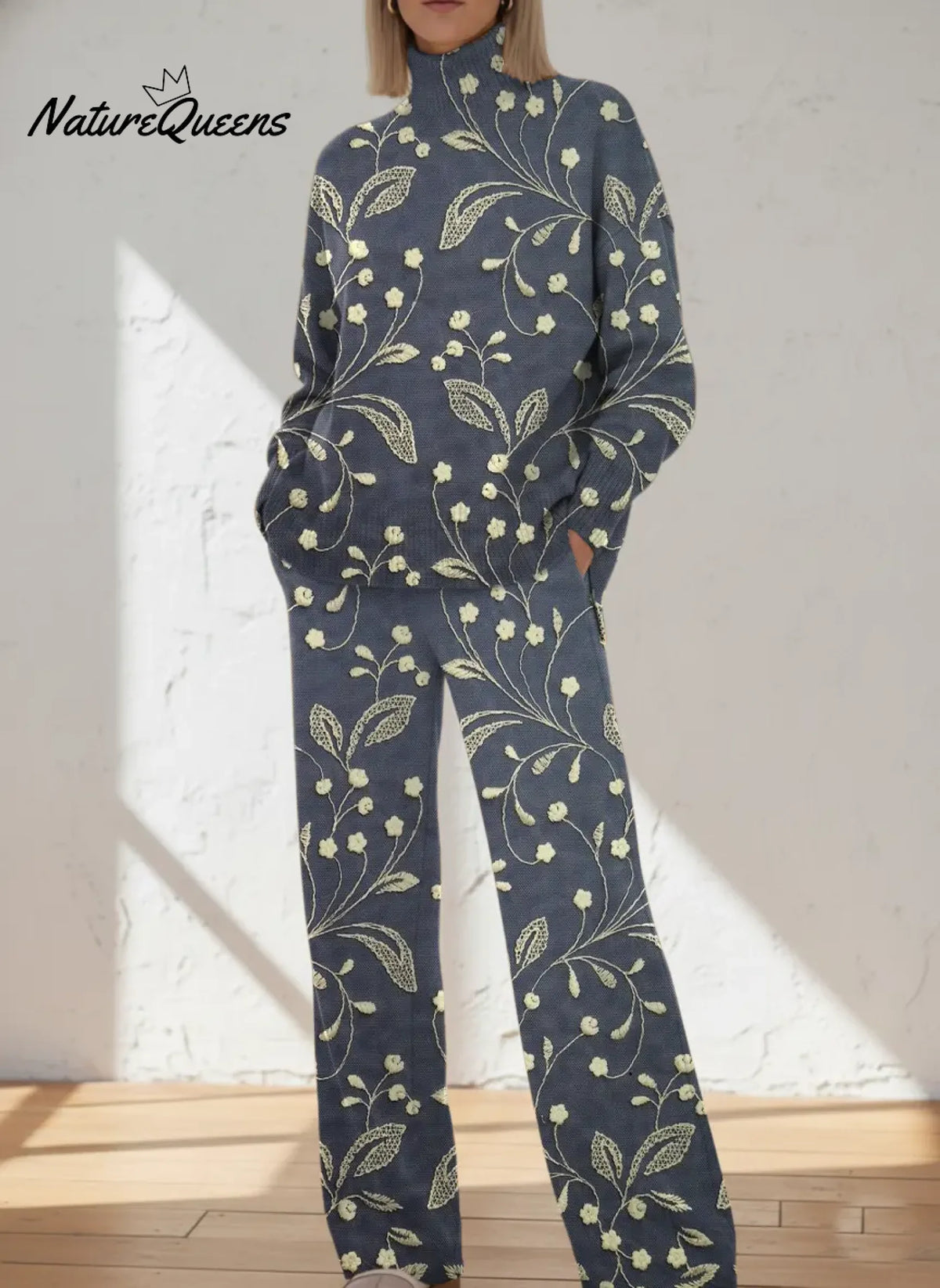 Women's Floral Pattern Art Print Casual Knitted Cotton Top Pants Suit