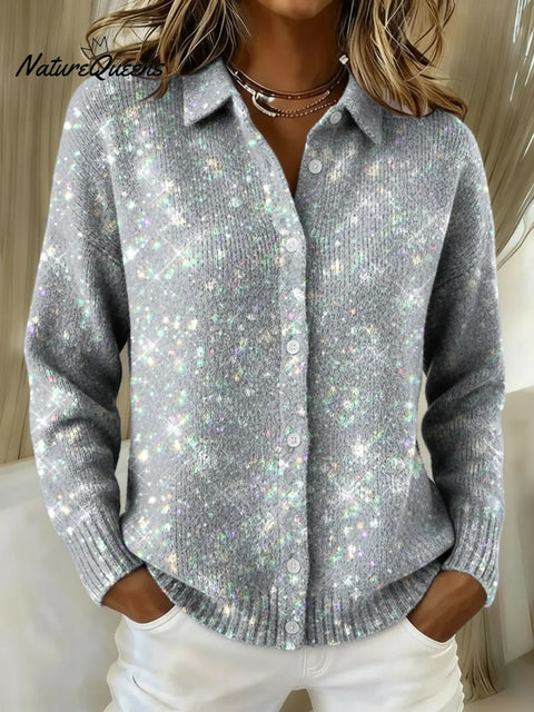 Women's Sparkling Printed Collared Sweater