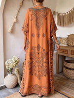 Women's Casual Loose Cotton-linen Dress With Placement Print V-neck, And 3/4 Sleeves