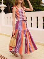 Women's Striped Color Block Art Stylish Casual Top And Skirt Cotton Linen Two-piece Set