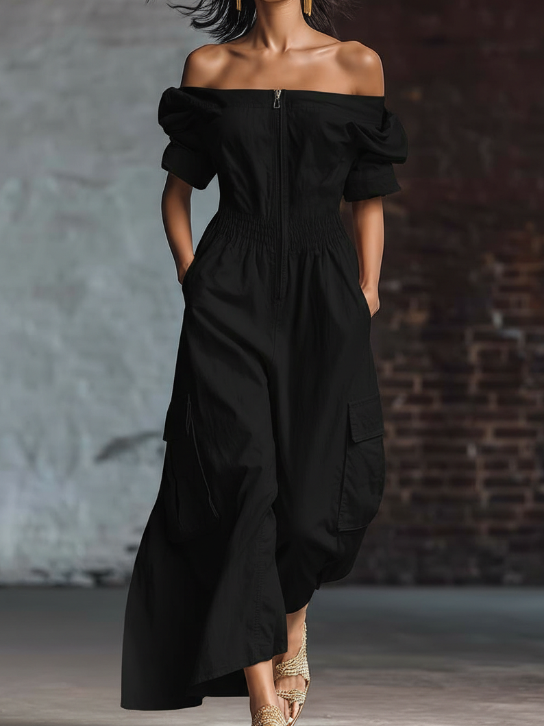 Elegant Off-the-shoulder Zippered Cotton Jumpsuit