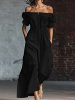 Elegant Off-the-shoulder Zippered Cotton Jumpsuit