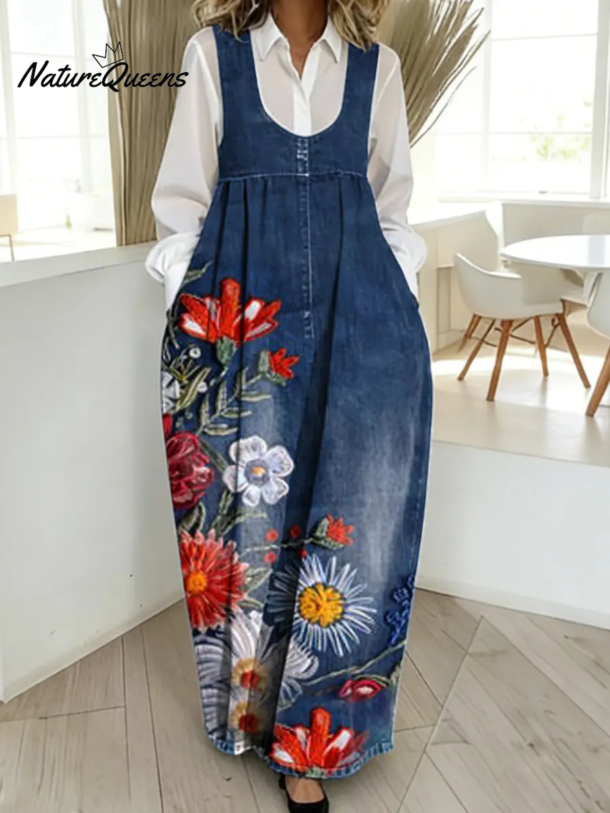 Women's Vintage Flower Pattern Art Print Casual Cotton Denim Dress