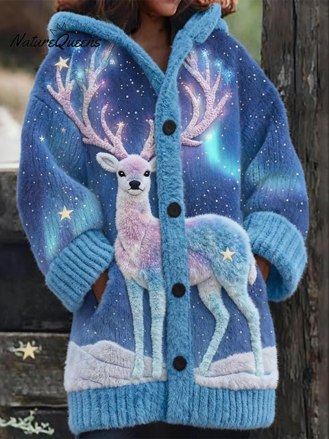 Women's Funny Christmas Deer Pattern Art Print Casual Fleece Coat