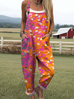Women's Vintage Pattern Print Casual Cotton Wide Leg Jumpsuit
