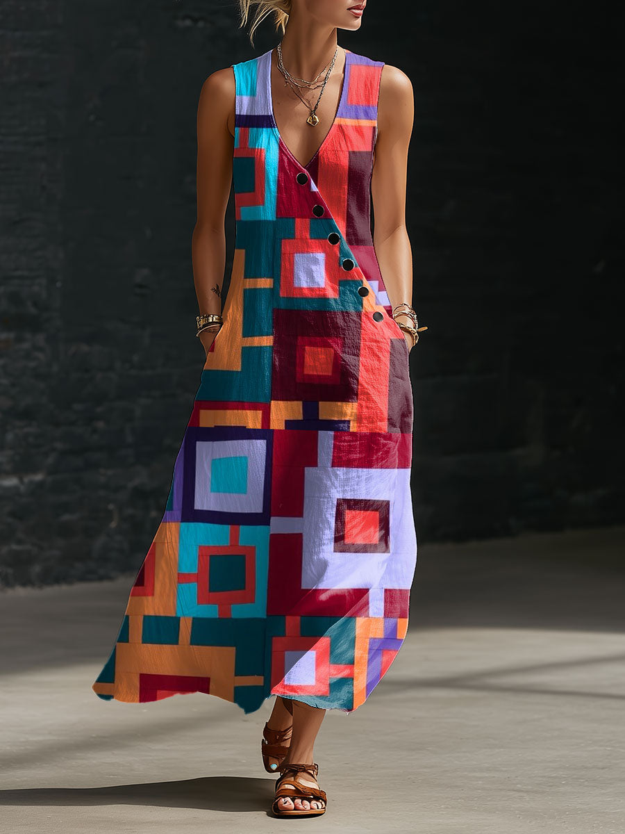 Women's Geometry Print Button-down V-neck Casual Dress