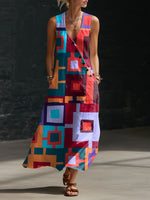 Women's Geometry Print Button-down V-neck Casual Dress