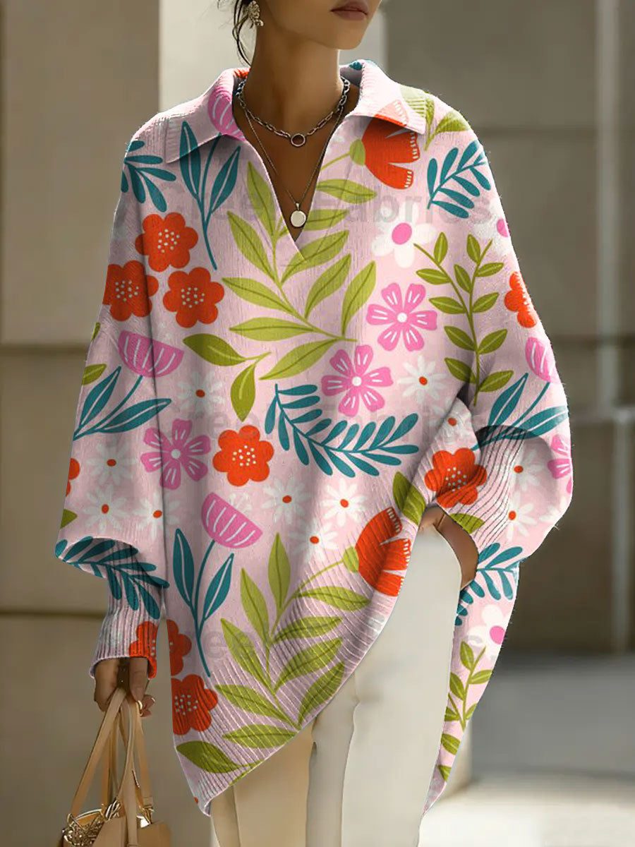 Women's Color Flowers Patterns V-neck Long-sleeved Casual Loose-fitting Knitted Pullover Sweater