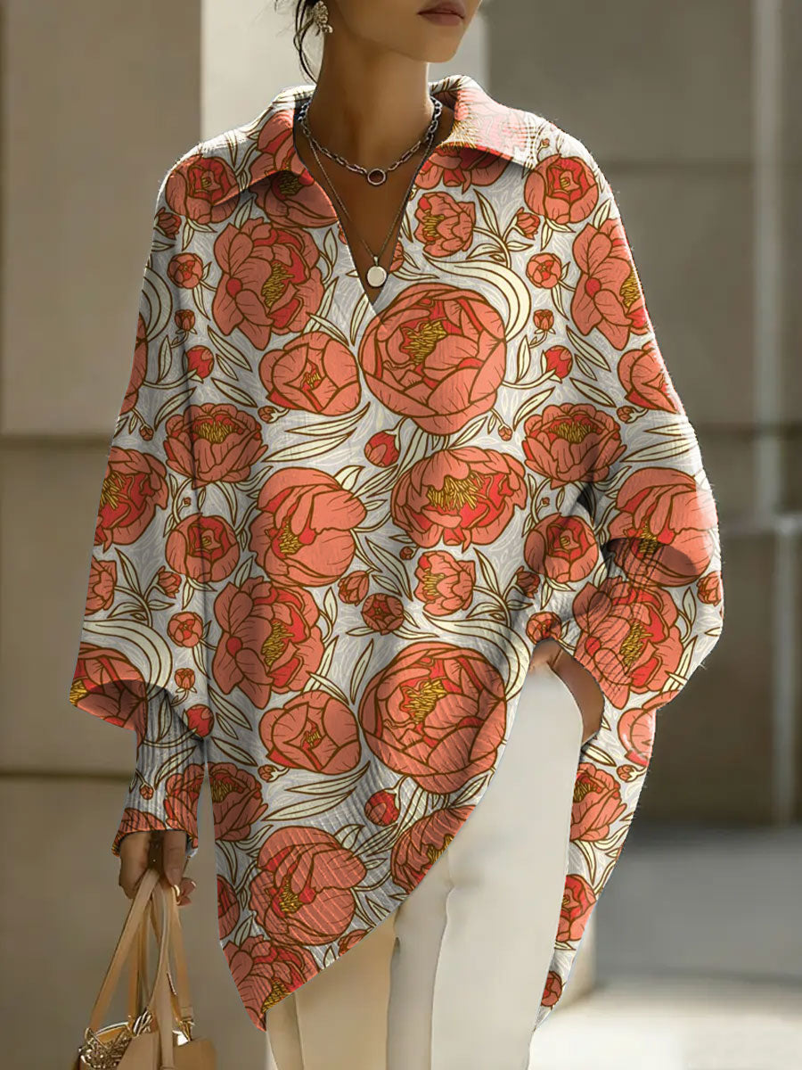 Women's Flowers Floral Patterns V-neck Long-sleeved Casual Loose-fitting Knitted Pullover Sweater