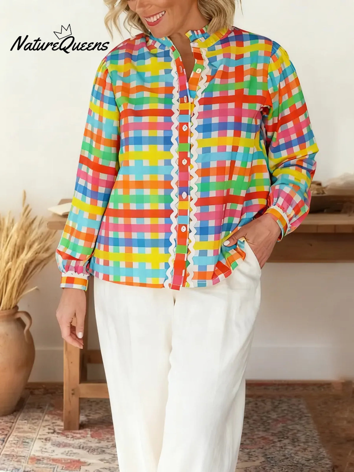 Women's Striped Print Shirt Collar Long Sleeve Casual Loose Cotton Linen Top