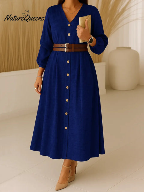 Women's Solid Color V-Neck Long Sleeve Casual Loose A-Line Dress