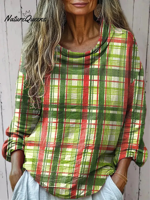 Women's Retro Christmas Plaid Art Print Cotton Casual   Shirt