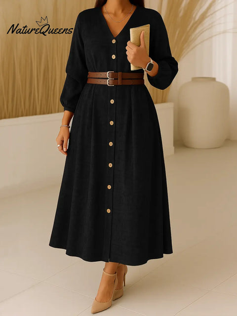 Women's Solid Color V-Neck Long Sleeve Casual Loose A-Line Dress