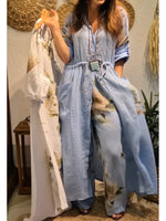 Women's Casual Floral Print Linen And Cotton Long Shirt And Pants Two-piece Set