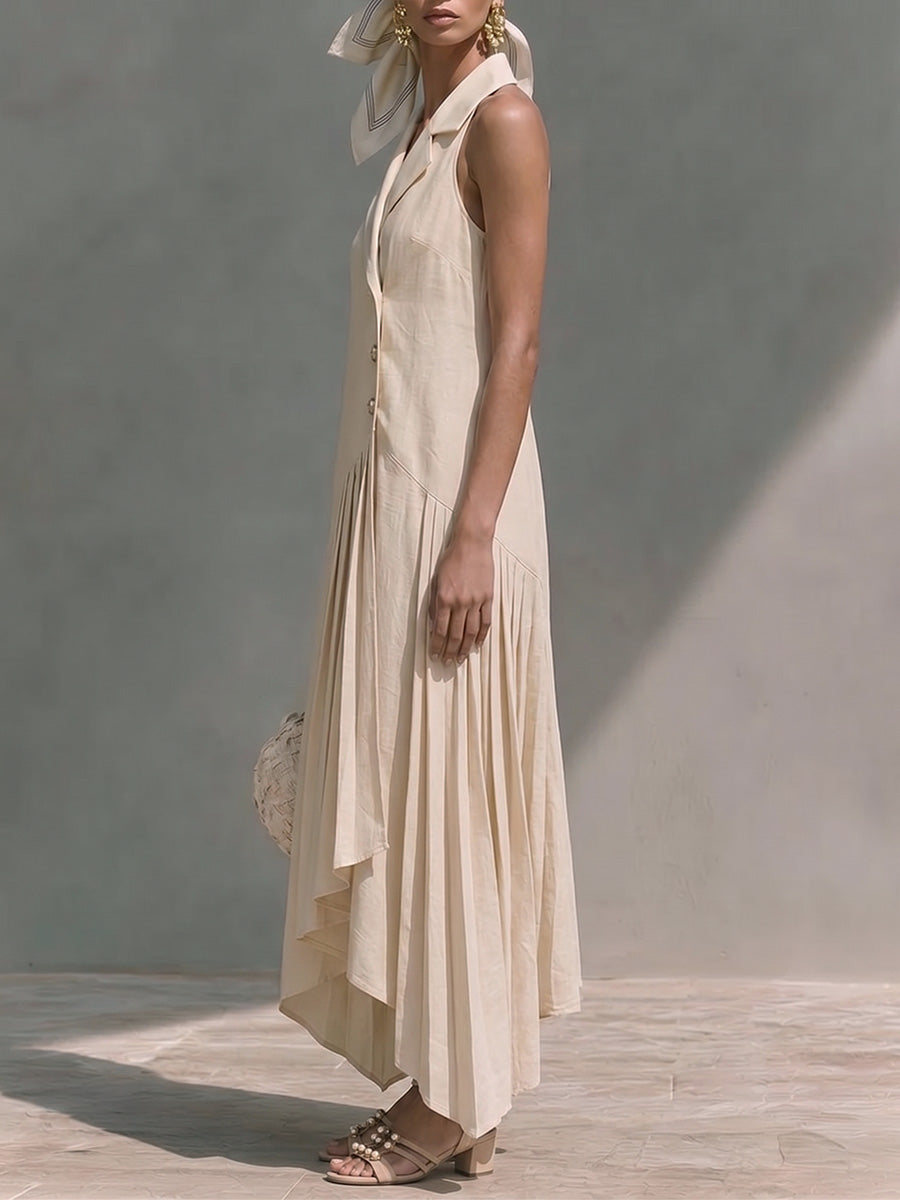 Women's Solid-color Collared Sleeveless Casual Loose Cotton-linen A-line Dress