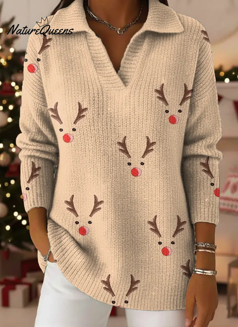 Women's Christmas Deer Pattern Art Print Casual Cotton Sweater