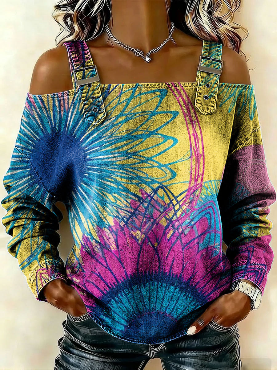 Women‘s Vintage Flowers Pattern Art Print Casual Cotton Denim Shirt