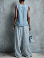 Women's Sleeveless Simple Striped Wide-Leg Pants Set