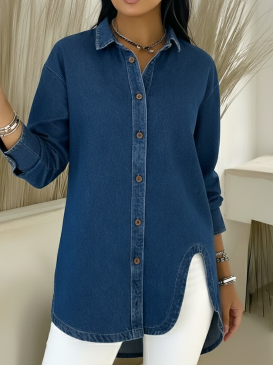 Casual Curved Hem Denim Shirt Top