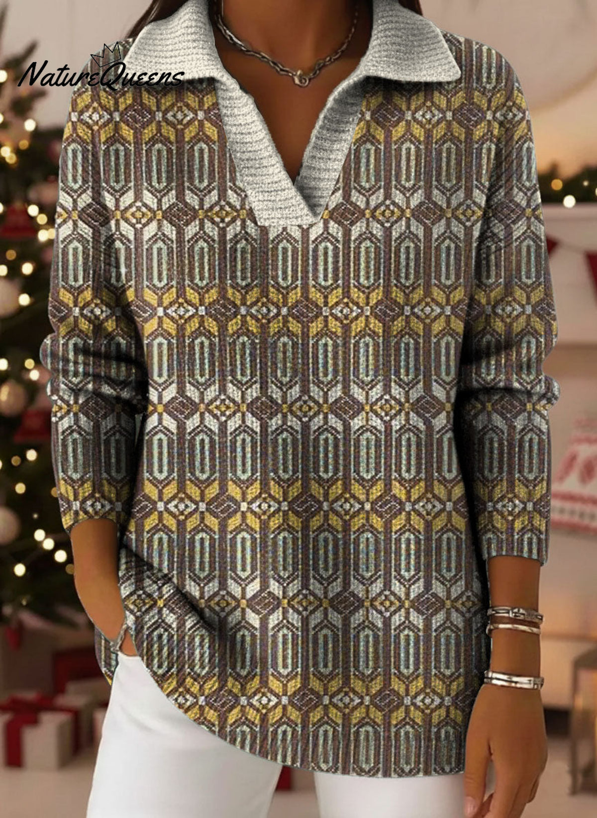 Retro Ethnic Art Pattern Polo Collar Shiny Loose Sweater Top