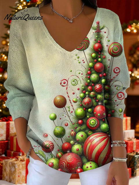 Women's Christmas Tree Snow Candy Art Pattern Art Print V-neck Solid Color Loose Shiny Sweater