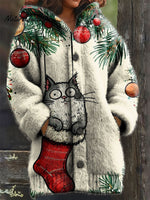 Women's Retro Christmas Cat Snowflake Pattern Art Print Casual Plush Warm Coat