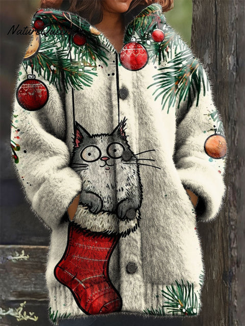 Women's Retro Christmas Cat Snowflake Pattern Art Print Casual Plush Warm Coat