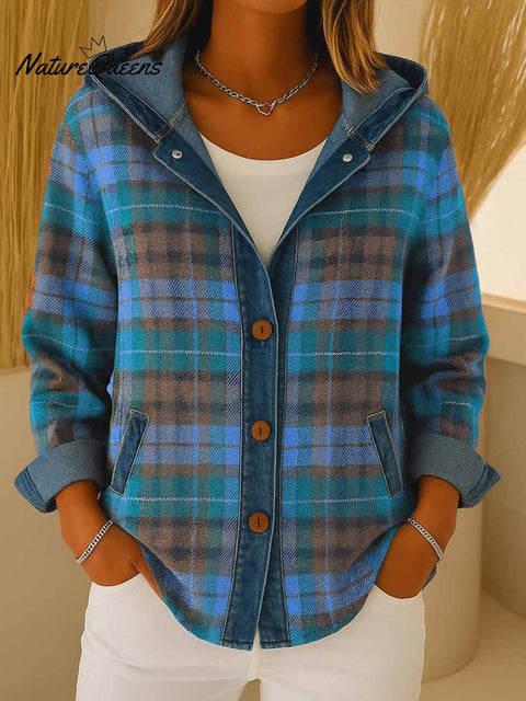 Women's Plaid Print Denim Long Sleeve Casual Loose Hooded Cardigan