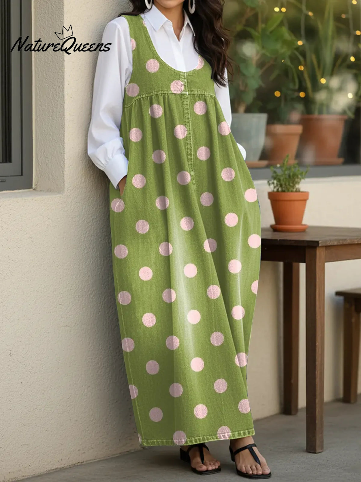Women's Green Cute Polka Dots Casual Loose Denim Vest Dress