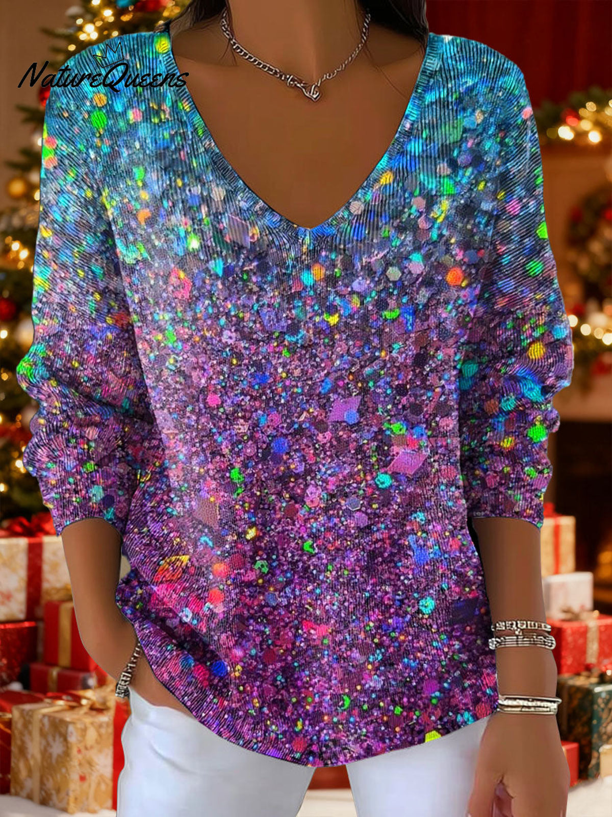 Women'sshiny Color Gradient Art Pattern Art Print V-neck Solid Color Loose Shiny Sweater