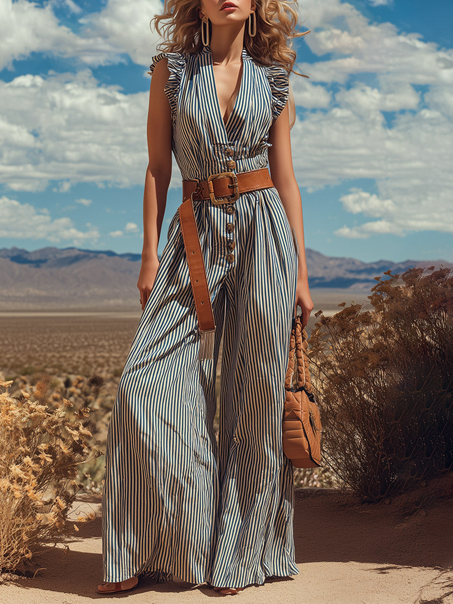 Striped Halter-Neck, Cold-Shoulder, Waist-Cinching, Wide-Leg Jumpsuit