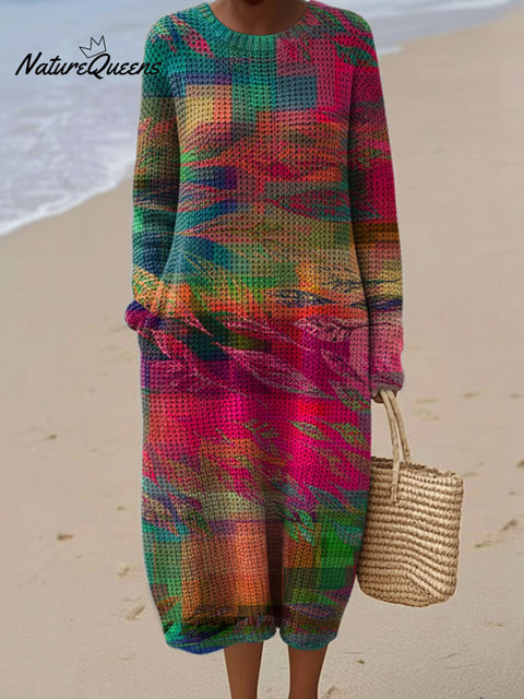 Women's Color Block Abstract Pattern Casual Round Collar Long Sleeve Dress