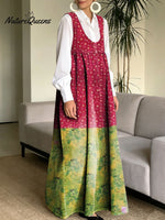 Women's Retro Splicing Colorful Flowers Pattern Art Print Casual Cotton Denim Dress