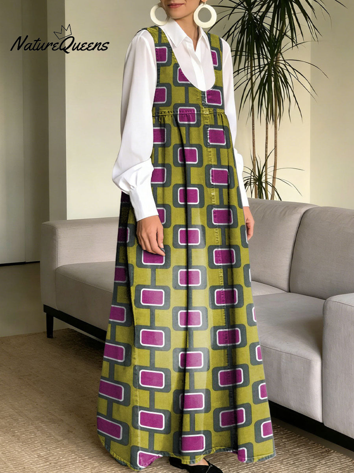 Geometric Block And Line Decorative Patterns Women's Casual Square Collar No Sleeve Dress