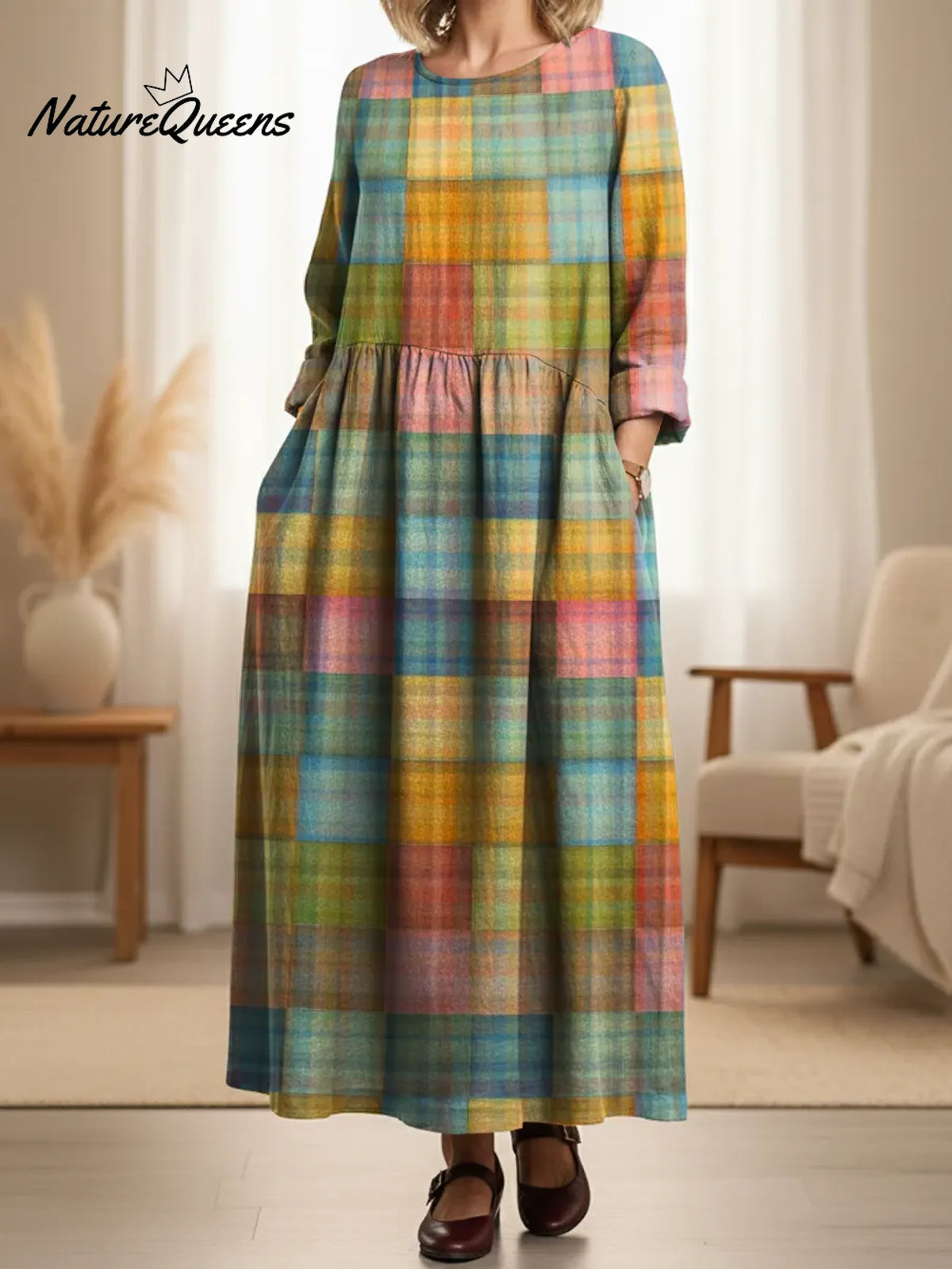 Women's Retro Colorful Gradient Plaid Print Pocket Cotton Dress