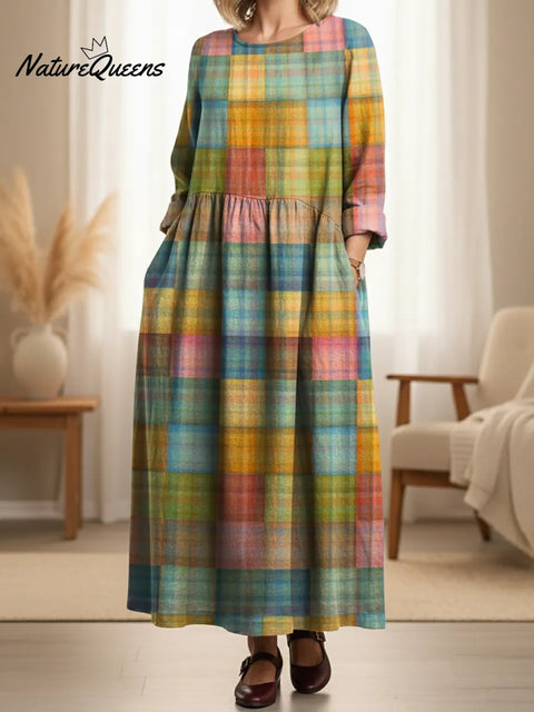 Women's Retro Colorful Gradient Plaid Print Pocket Cotton Dress