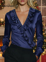 Women's Solid Color V-neck Ruffled Long-sleeved Casual Loose Satin Top