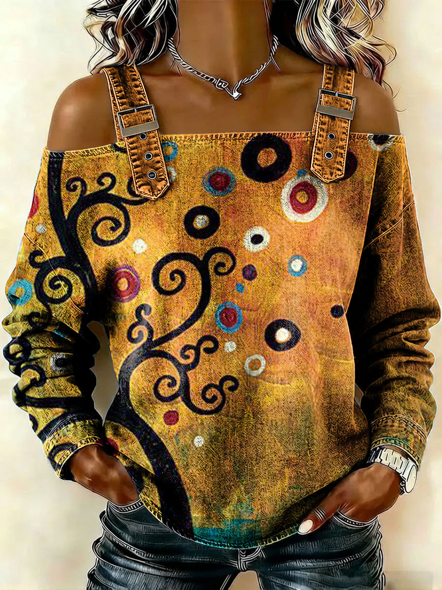 Women‘s Vintage Pattern Art Print Casual Cotton Denim Shirt