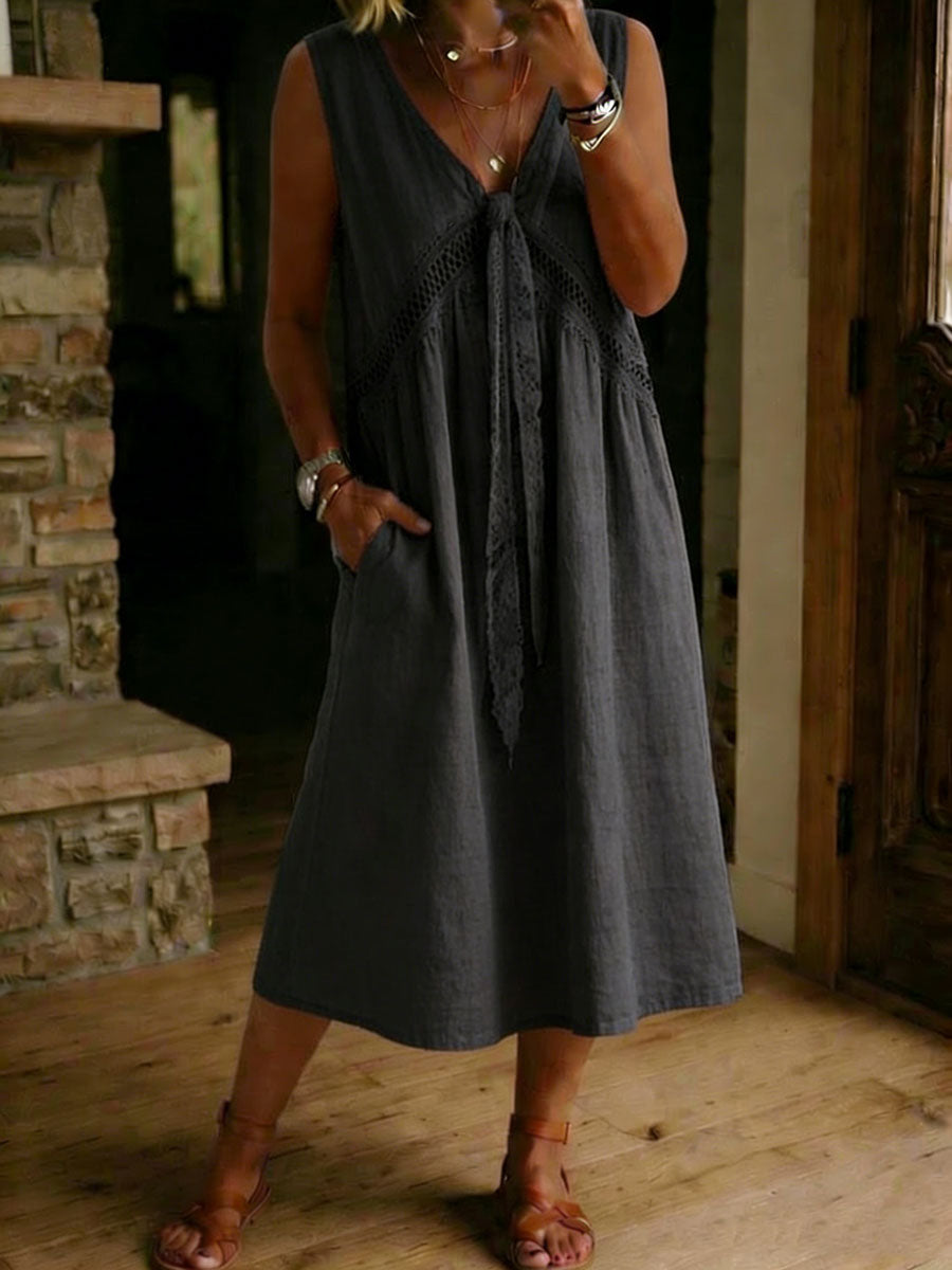 Casual Loose-fitting Patchwork Lace Trim Linen And Cotton Sleeveless Dress