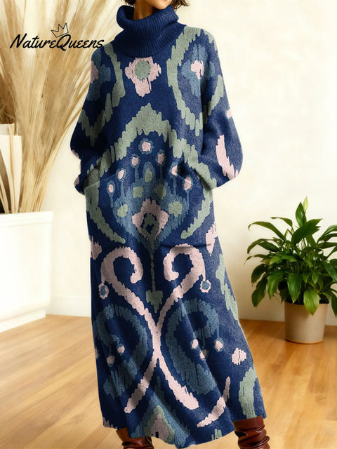 Women's Retro Floral Flowers High-neck Long-sleeve Casual Loose Knit Dress