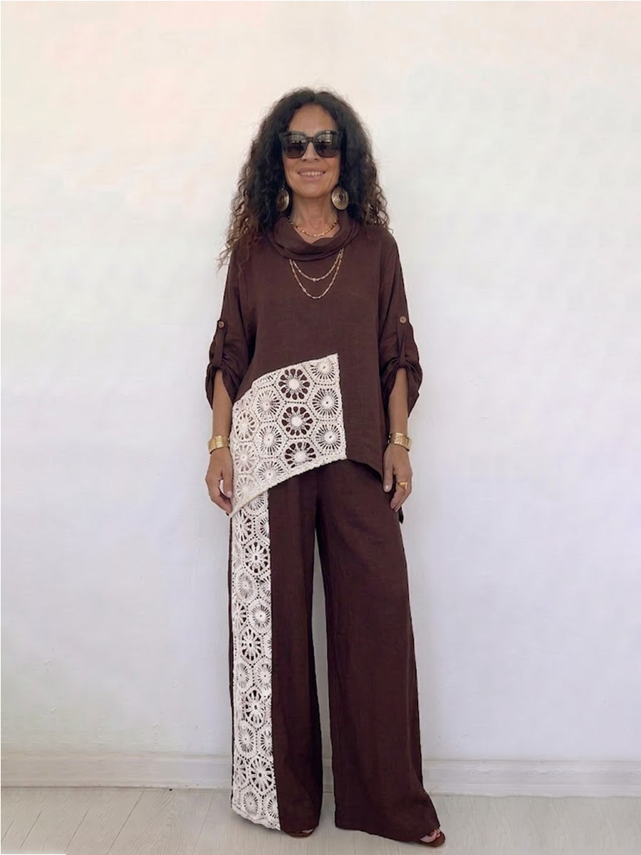 Women's Two-piece Set: Linen-blend Crew-neck Top And Wide-leg Pants With Lace-panel Detail – Casual Outfit