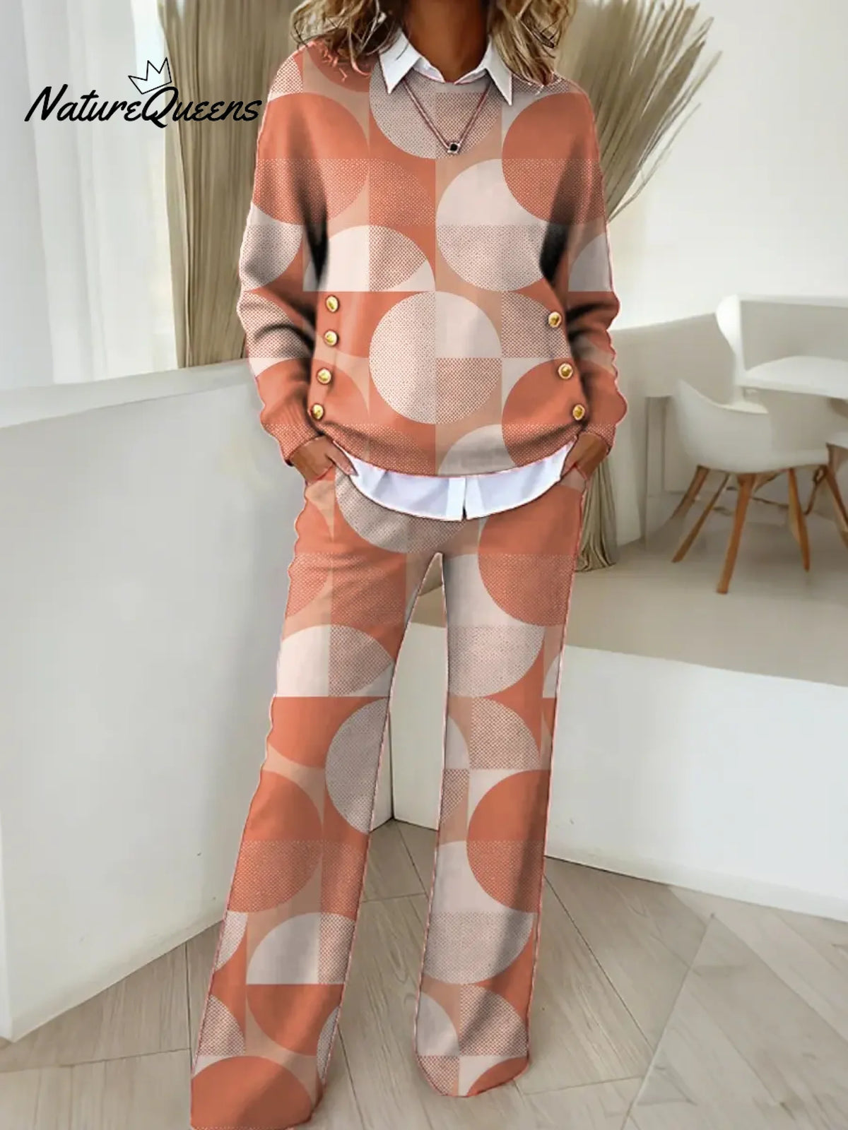 Women's Geometric Pattern Art Print Casual Cotton Knitted Suits