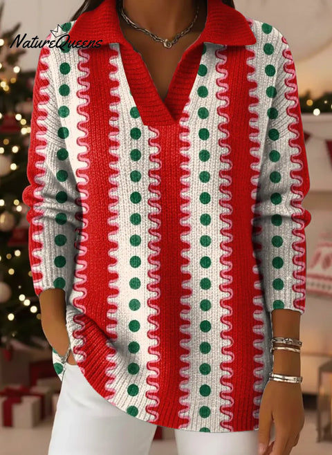 Christmas Print Lapel Casual Knit Sweater