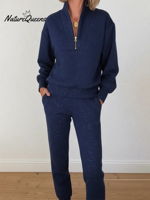 Casual Travel Stand-collar Zip-up Sweatshirt And Pants Two-piece Set