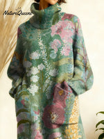 Women's Retro Floral Flowers High-neck Long-sleeve Casual Loose Knit Dress